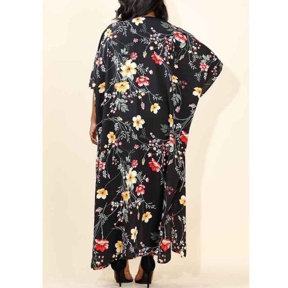 Black Floral Kimono Cardigan Duster Maxi Tunic - Picture 6 of 6